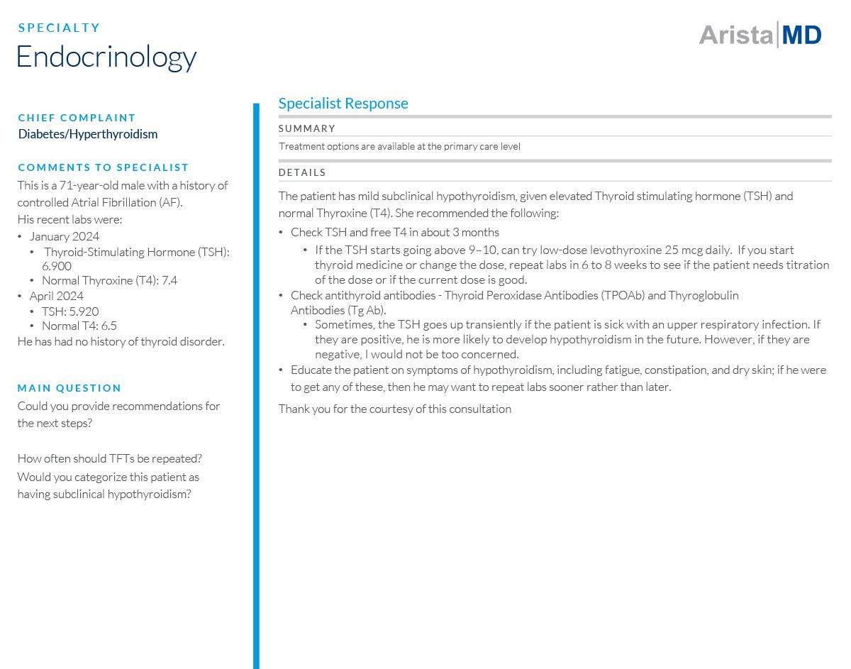 Endocrinology eConsult Diabetes plus Hyperthyroidism